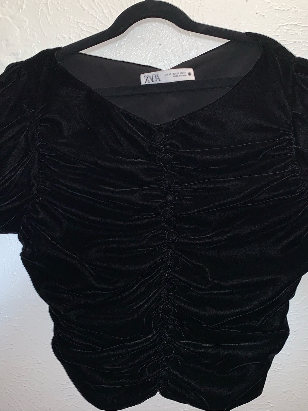 Zara black velvet ruched blouse